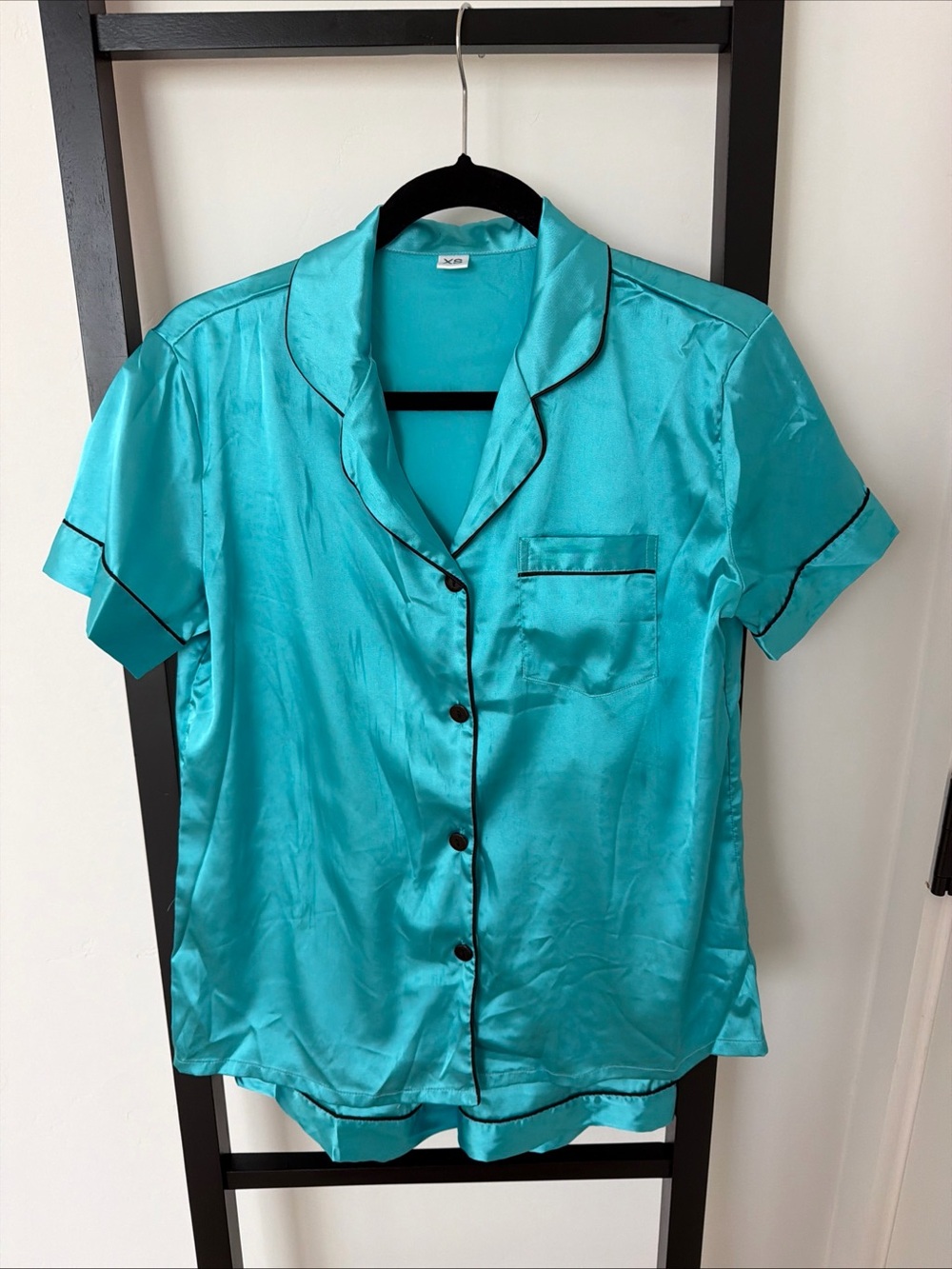 Amazon Turquoise Satin Short Sleeve Pajama Top with Black Piping